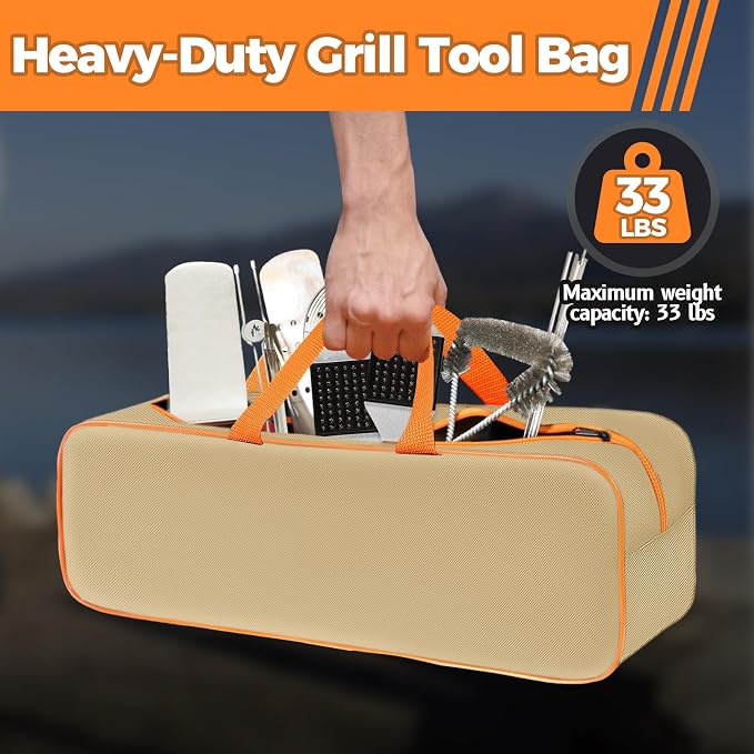 Grill Utensil Storage Bag for Outdoor Grilling, 24 x 8 x 8 in, Khaki | 1680D Oxford fabric, large capacity grill tool storage bag, accessories storage compatible with Blackstone griddle