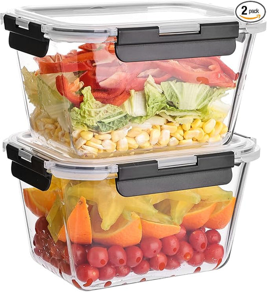 Liuruiyu 2 Pack Large Glass Food Storage Containers with Lids, 63oz Big Meal Prep Containers, Airtight Bento Boxes with Leak Proof Locking for Microwave, Oven, Freezer and Dishwasher, BPA Free