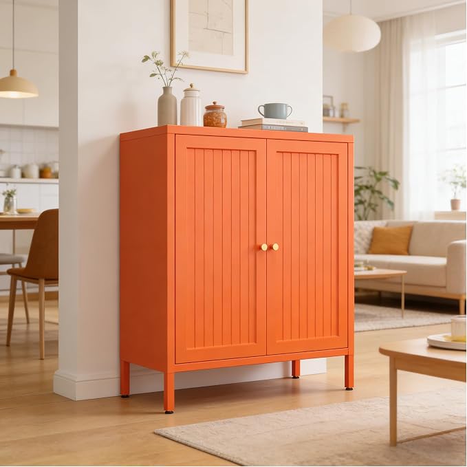 Metal Accent Storage Cabinet for Home,LivingRoom, Office,Kitchen- Metal Locker Cabinet with 1 Adjustable Shelves-Bathroom Floor Storage Cabinet Freestanding Organizer (Stripe Door, Orange)