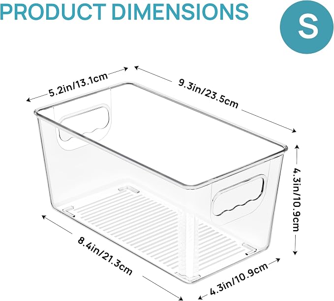 Vtopmart Clear Plastic Storage Bins, 6 PCS Pantry Organizer Bins with Handle for Refrigerator, Fridge, Cabinet, Kitchen, Countertops, Cupboard, Freezer Organization and Storage, Small