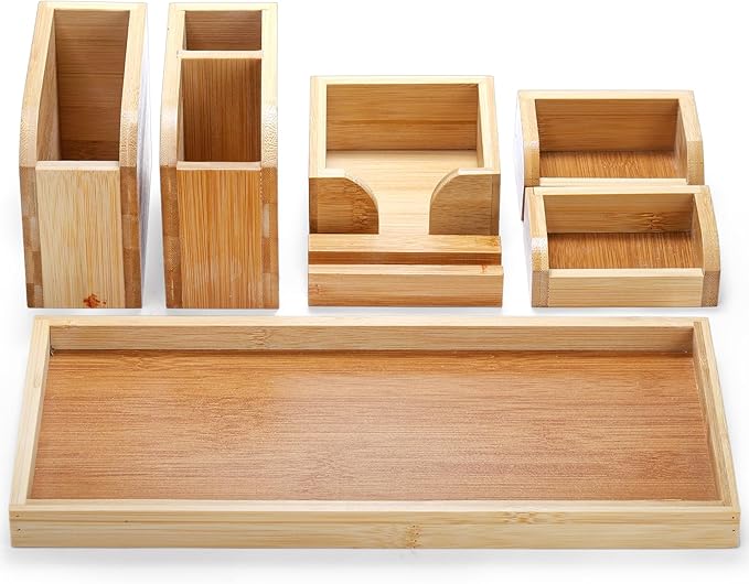 Cididu Bamboo Vanity Tray, 7 Pieces Adjustable Pen Holder Stationery Caddy, Bathroom Vanity Organizer Set, Sturdy Countertop Desk Tray Storage Boxes Office Supplies for Makeup Small Items Home Kitchen