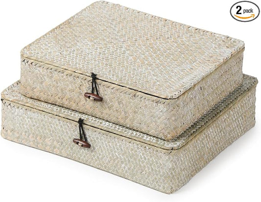 YANGQIHOME Set of 2 Seagrass Baskets with Lids, Rectangular Woven Storage Baskets, Natural Wicker Basket Boxes for Coffee Table, Shelf, Bathroom Counter & Closet Decor (Whitewashed, Set of 2)