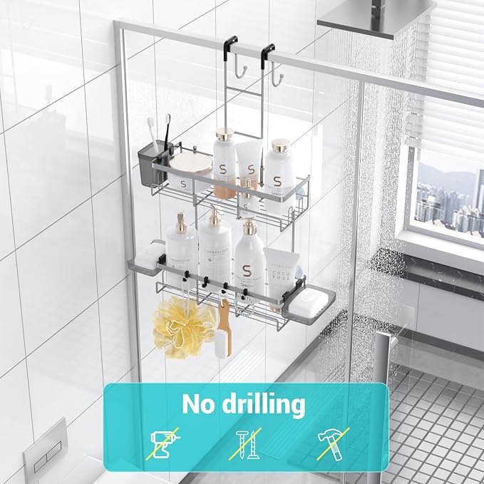 Aitatty Hanging Shower Caddy Over Door: Silver Rustproof Shower Organizer over the Door - No Drilling Bathroom Rack for Inside Shower