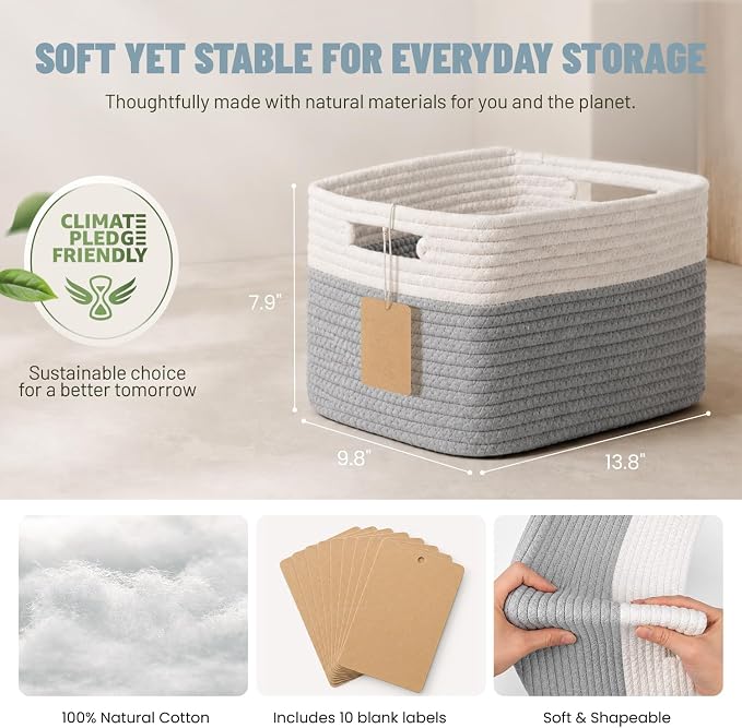 5 Pack Woven Storage Baskets for Shelves, Decorative Basket Closet Organizer Storage Bins for Clothes, Books, Pantry, Bathroom – Cotton Rope Shelf Baskets for Organizing and Decor, Gray & White