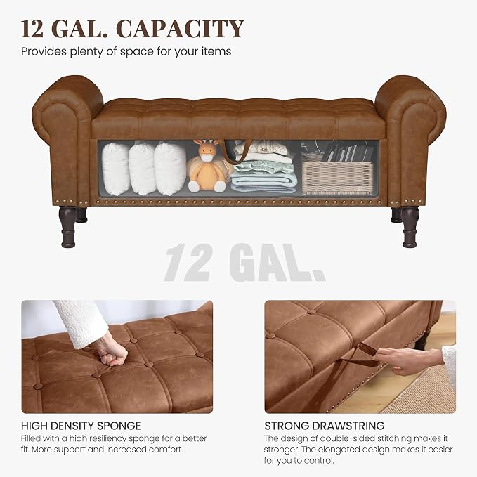 YOUDENOVA 51" Entryway Bench with Storage, PU Leather End of Bed Bench with Tufted Button, Upholstered Ottoman Bench with Rolled Arms for Living Room, Storage Room, Bedroom, Brown