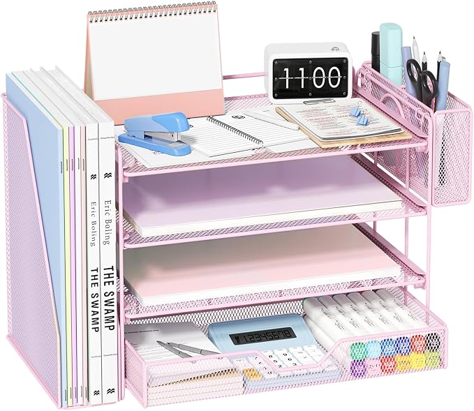 OPNICE Desk Organizer, 4-Tier Desktop File Organizer with Drawer and Pen Holders, Office Desk Accessories, File Sorters, Workspace Organizers for Office Supplies(Pink - Metal Pen Holder)