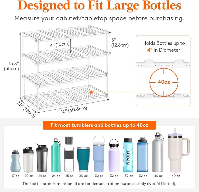 Lifewit Stackable Bottle Storage Organizer, Clear Freestanding Wine Holder for Cabinet, Large Slot Water Bottle Tumbler Organizer for Pantry, Plastic Wine Rack for Fridge Cellar, 4Tier Hold 16
