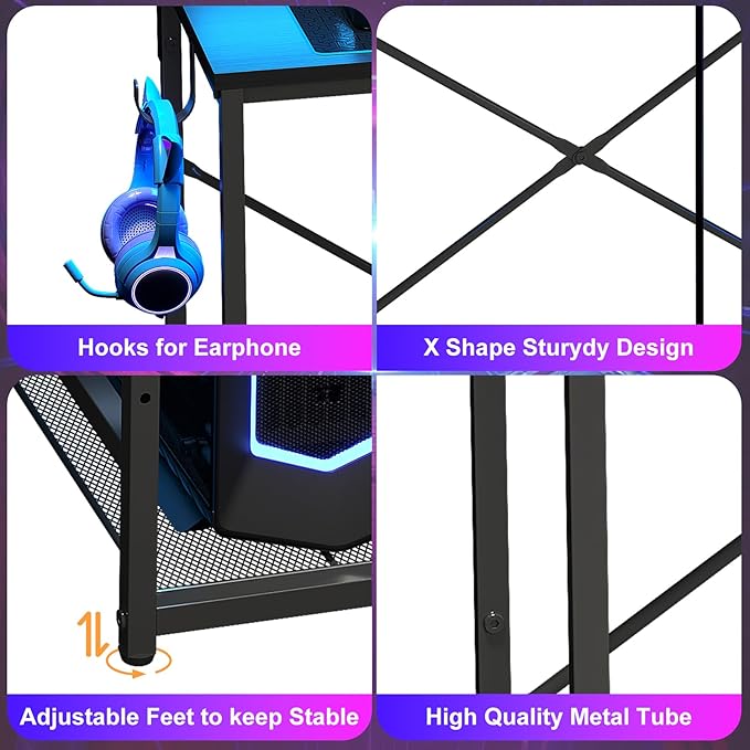 X-cosrack 33.5" Small Gaming Desk with LED Lights & Power Outlets, Compact Computer Desk with Monitor Stand & CPU Stand, Gamer Table with Storage Drawer, Side Hooks for Home Office, Bedroom, Black