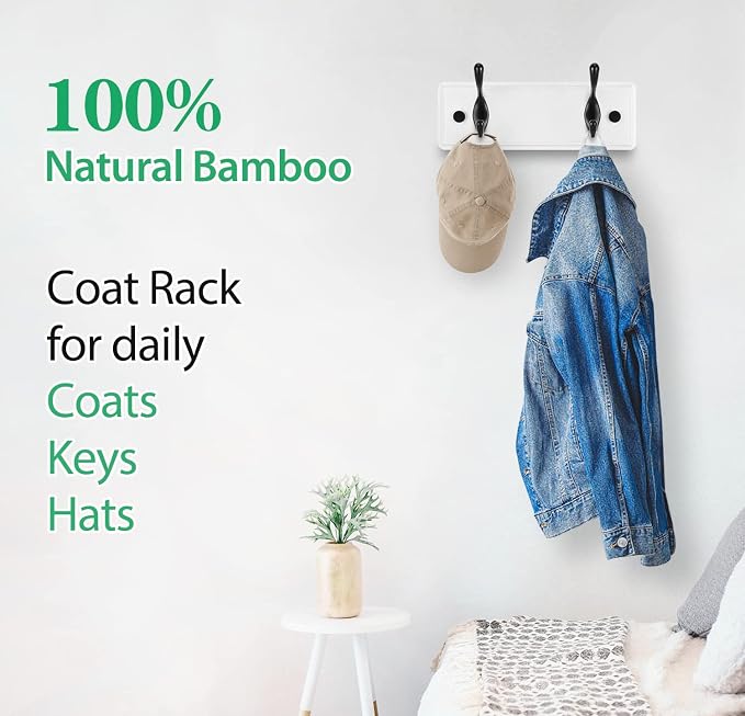 Badiano Wooden Coat Rack, Wall-Mounted Organizer for Closet, Entryway, Hallway, Foyer, Bedroom, Heavy Duty Double Hooks for Hanging Towels, Bags, Hats, Jackets, Key (WhiteBlack, 2 Hooks)