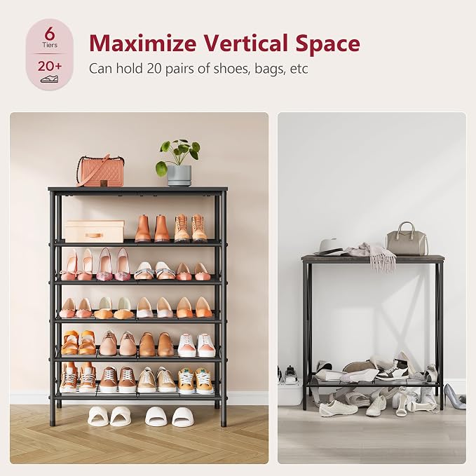 6 Tier Shoe Rack for 20-24 Pairs of Shoes, Black | Sturdy & Durable, X Shape Fixed Frame, Metal Mesh Shoe Shelf, Industrial, For Closet, For Entryway Shoe Storage
