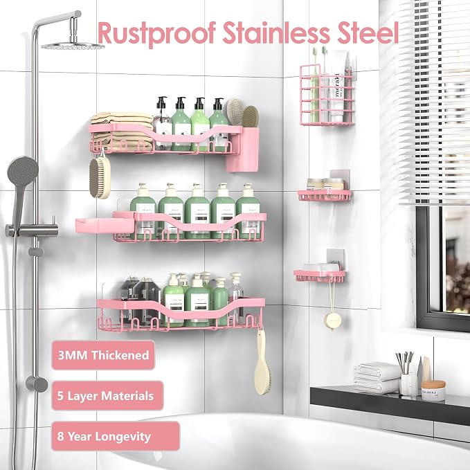NESOMI Shower Caddy Adhesive Shower Organizer 8-Pack, Rustproof Stainless Steel Bathroom Shelves, Large Capacity No-Drill Rack Storage Accessories with Soap Dish Toothbrush Holder Hooks