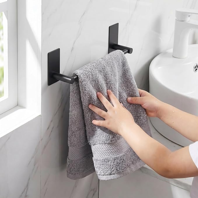 Adhesive Black Towel Bar 9-inch, Stick On Bath Towel Rack, Hand Towel Holders, No Drilling on Wall - Black
