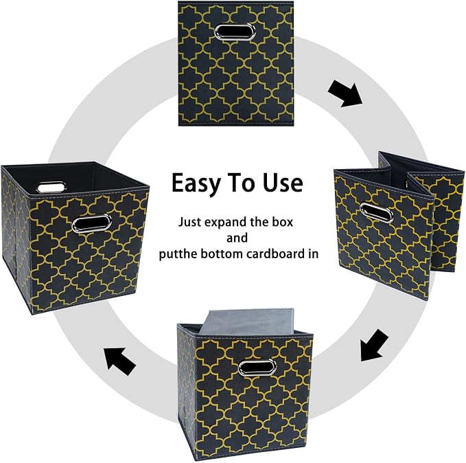 Black Foldable Storage Cubes Bins , Fabric Storage Box Cubes Organizer Baskets with Dual Handles for Home Organizer Grey Gold