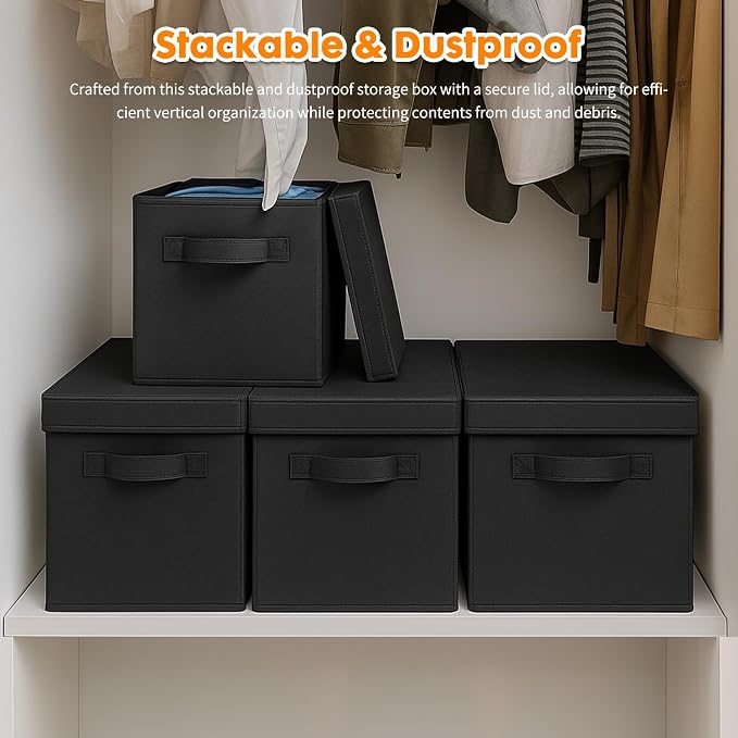 ShellKingdom Storage Bins, Foldable Fabric Storage Cube with Lid for Closet | Clothes Storage Organizer Drawer For Closet Toys Storage, 10.5 X 10.5 X 11 INCH, 2 Pack (Black)