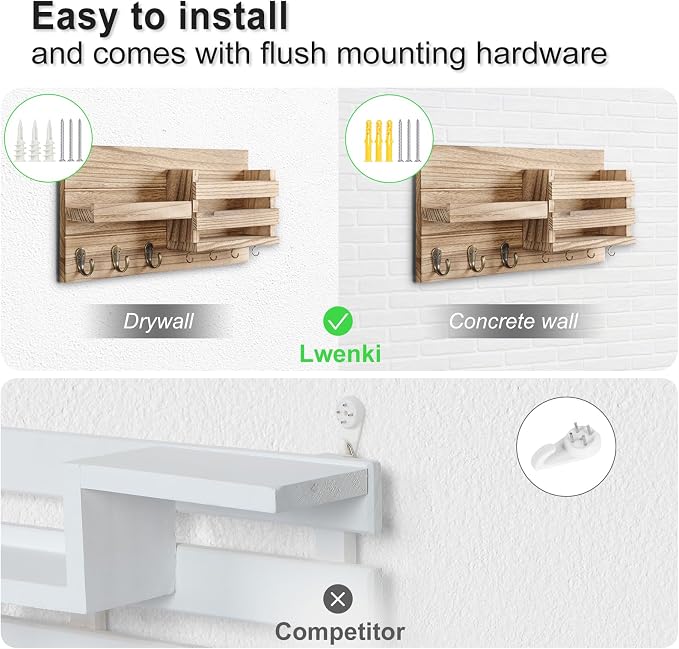 Lwenki Mail Organizer for Wall Mount – Key Holder with Shelf Includes Letter Holder and Hooks for Coats, Dog Leashes – Rustic Wood with Flush Mounting Hardware (16.5” x 8.7” x 3.5”) (Wood)