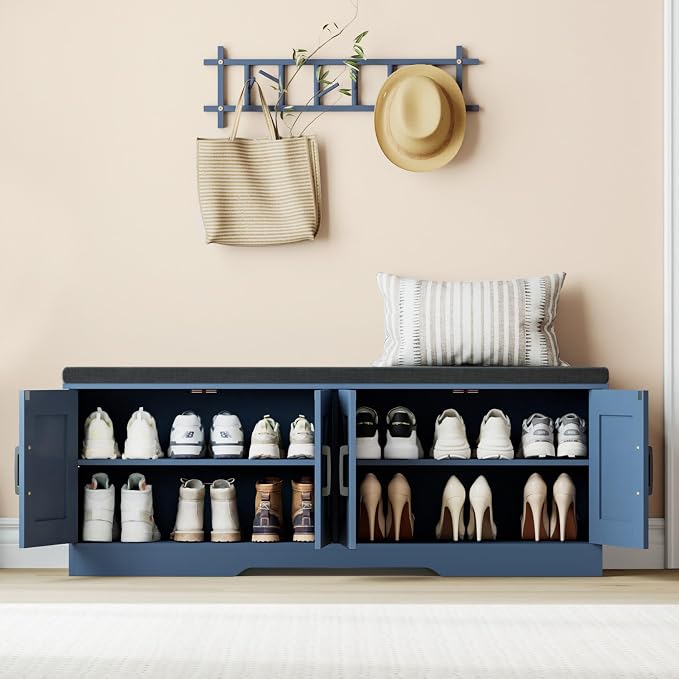 HOMSHO Farmhouse Shoe Storage Bench with 4 Barn Doors & Padded Seat Cushion | 47.2" Wide Entryway Bench with Adjustable Shelves & Hidden Storage, Blue