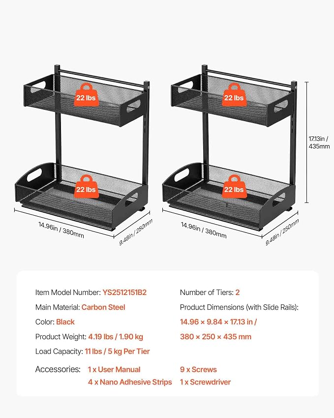 VEVOR Under Sink Organizer, 2 Pack 2-Tier Pull Out Cabinet Organizer with 4-Level Height Adjustment, Metal Slide Out Shelf, Multi-Purpose Cabinet Organizers and Storage for Bathroom & Kitchen, Black