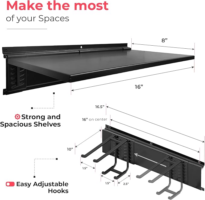 TIDYME Garage Tool Organizer Wall Mount 64", 2 Shelves & 4 Double Hooks | 2x16.5 in floating shelves hold 120 lbs each, 10 in double-layer hooks, anti-rust carbon steel, garage organization