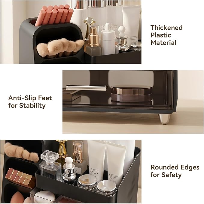 Makeup Organizer for Vanity with Brush Holder and 2 Drawers, Black | Large-Capacity Makeup Holder Organizes Skincare, Cosmetics and Daily Beauty Products for Tidy Vanity and Bathroom Counters