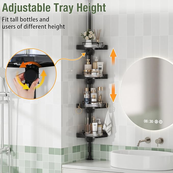 360° Rotating Corner Shower Caddy Tension Pole Organizer (Black) | 4-Tier rotating shelves with hooks, adjustable tray height, upgraded rustproof metal pole, removable trays for shower storage