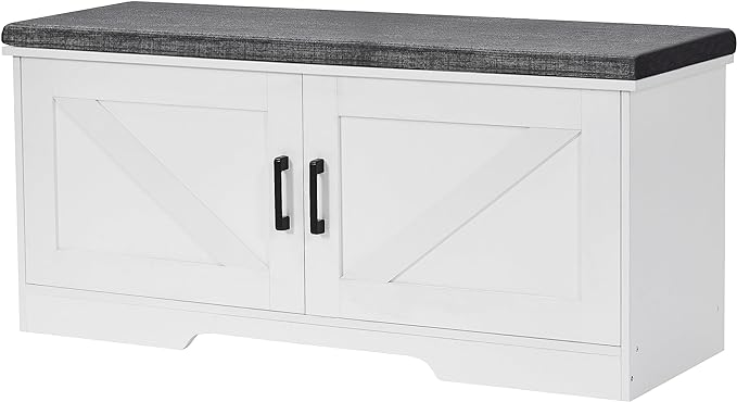 HOMSHO Farmhouse Shoe Storage Bench with 2 Barn Doors & Padded Seat Cushion | 39.4" Wide Entryway Bench with Adjustable Shelves & Hidden Storage, White