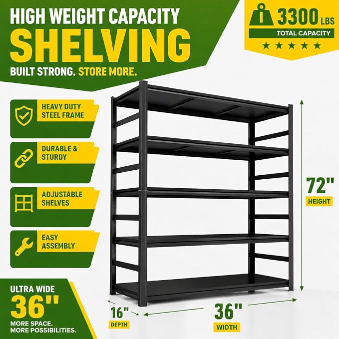 Garage Shelving, 3300 LBS Storage Shelves with Side Guard | 5-Tier Garage Storage Shelves,Adjustable Industrial Shelves with Thickened Double-Layer Posts for Garage 35×15×71in