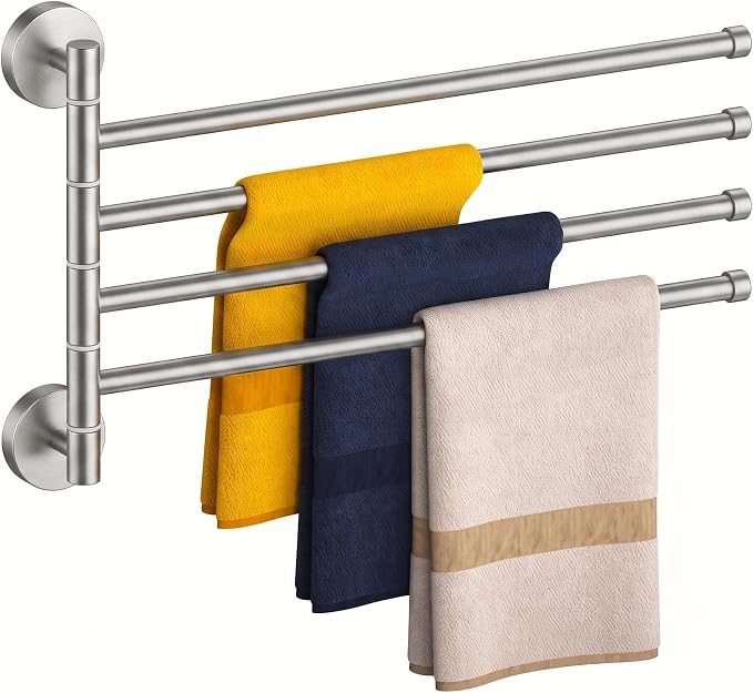 FORIOUS Swivel Towel Rack for Wall, 19.5" 4-Arm Towel Bar Brushed Nickel | Rust Resistant, Stainless Steel, 180° Rotating Arms, Wall Mounted, Space Saving, for Bathroom, Kitchen, Laundry, RV and Pool