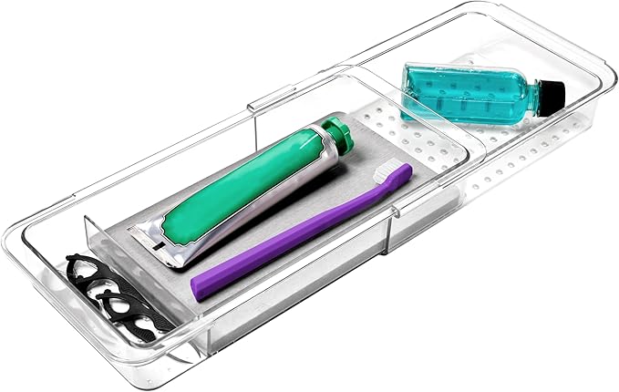 madesmart Drying Stone Expandable Toothbrush Organizer, Clear | diatomite, fast drying surface, divided layout, expandable, toothpaste floss, dental items, bathroom counter, woman owned