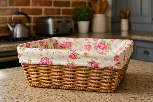 Handwoven Rectangular Storage Basket with Floral Cotton Liner – Decorative Wicker Organizer Bin for Bathroom, Bedroom, or Living Room – Rustic Home Décor Storage Solution