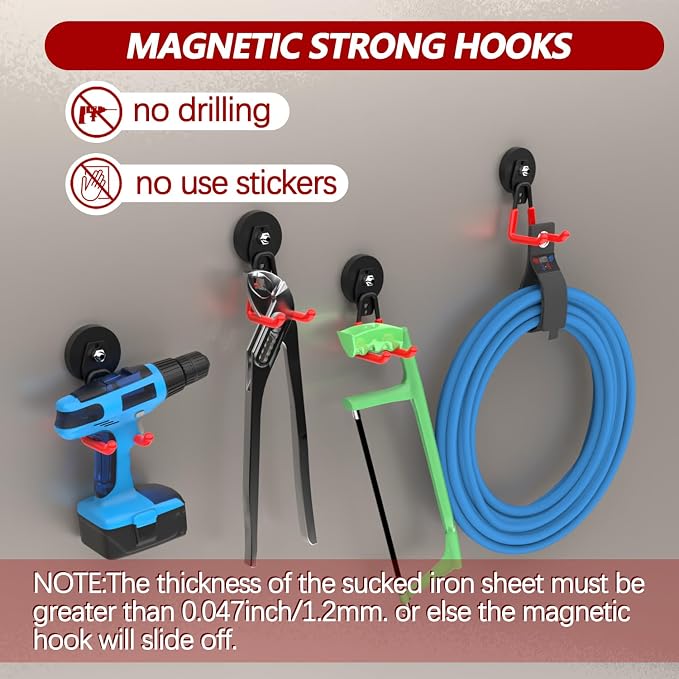 3-H Heavy Duty Magnetic Hooks, Large Magnet Hooks,4 Pack Red | No-Drill Tool Holder for Garage,Power Drill,Garden Tools,Hose Storage