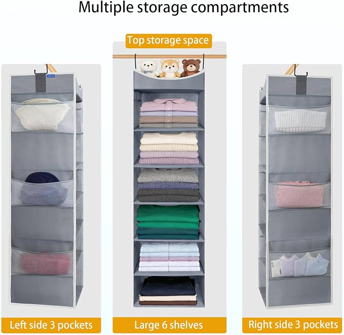 6-Shelf Hanging Closet Organizer and Storage with 6 Side Pockets, Collapsible Closet Hanging Shelves for Storage, Grey
