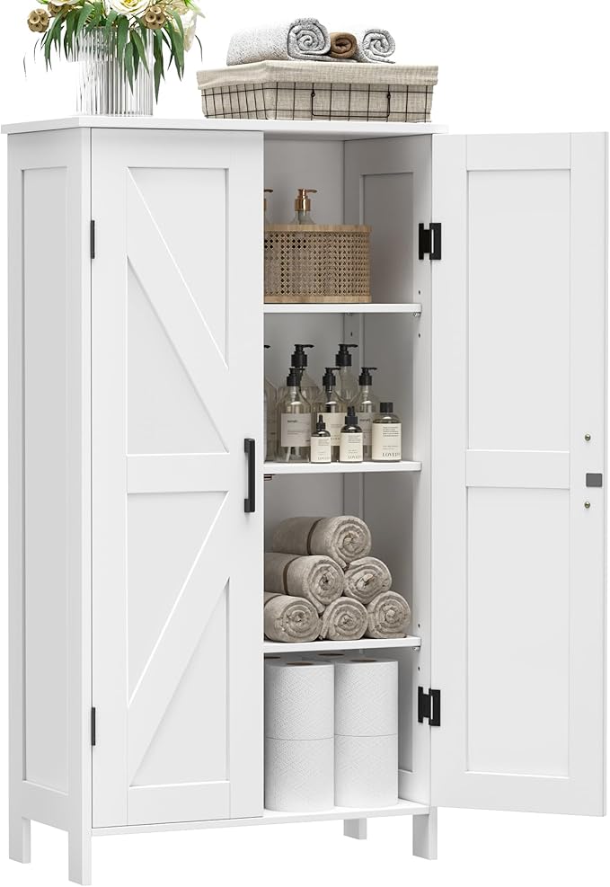 Homleke 43.3" H Farmhouse Bathroom Storage Cabinet with Adjustable Shelves | Freestanding Storage Cabinet with Barn Doors for Bathroom, Kitchen, Living Room, Dining Room & Entryway, White