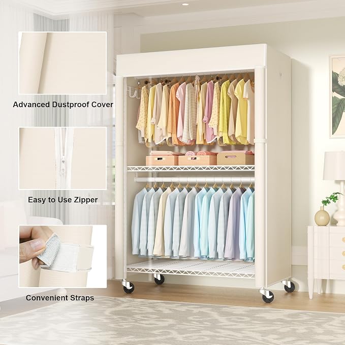 White Clothing Rack with Beige Cover, P1C Plus Rolling Closet | Metal Garment Rack with Wheels for Hanging Clothes, Portable Clothing Storage Wardrobe