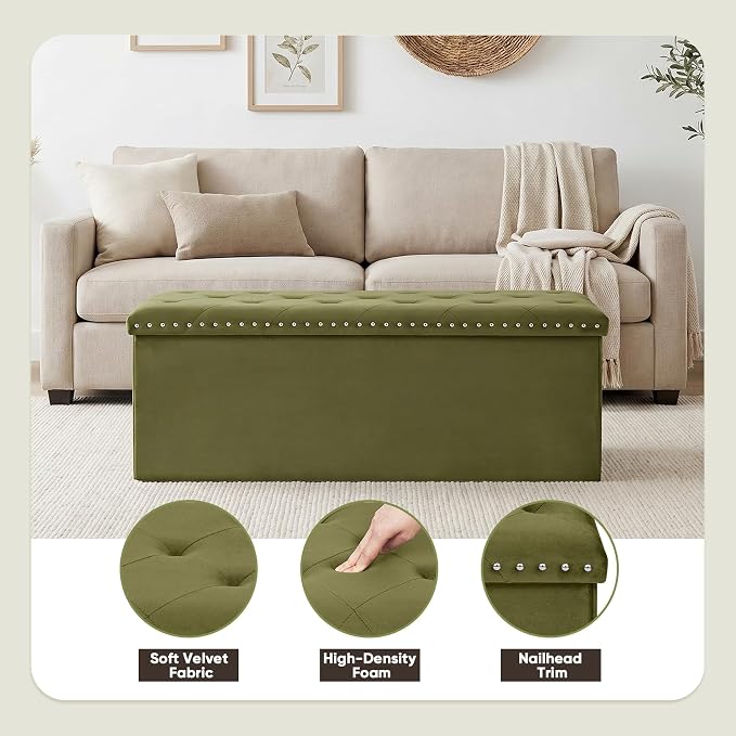 Velvet Storage Ottoman Bench, 43.3" Upholstered Tufted Ottoman with Storage, Folding Footrest Bench for Bedroom, Living Room, or Entryway, Holds up to 660 LBS,Olive