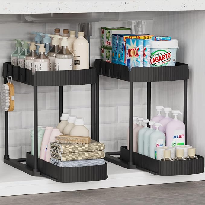 Ukeetap 2 Pack Multi-Purpose Pull-Out Storage Organizers, Under Sink Organizers and Storage for Bathroom & Kitchen, Under Cabinet Organizers and storage, 14.8 Inch, Black