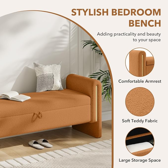 NIOIIKIT 52" Storage Ottoman Bench, Teddy Upholstered Storage Bench with Armrest, Entryway Bench with Pull-Ring, End of Bed Bench, Window Bench for Living Room (Coffee)