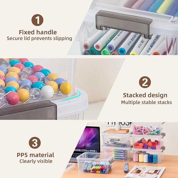 8Packs 3.2Qt Small Clear Storage Bins with Lids, Plastic | Containers with Lids for Crafts, Beads, Stationery, Toys and Accessories. Stackable to Save Space at Home,Office