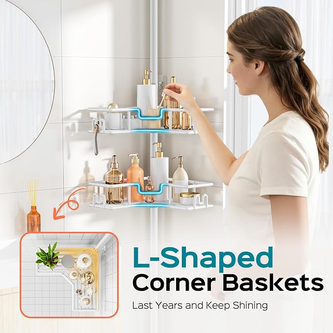 HAMITOR Corner Shower Organizer, 4-Tier Tension Pole Caddy with Hook, White | Rustproof Large Capacity Bathroom Essentials, No Drilling. Heavy Duty, Adjustable For Family, Apartment, Dorm 47.72-123.6in