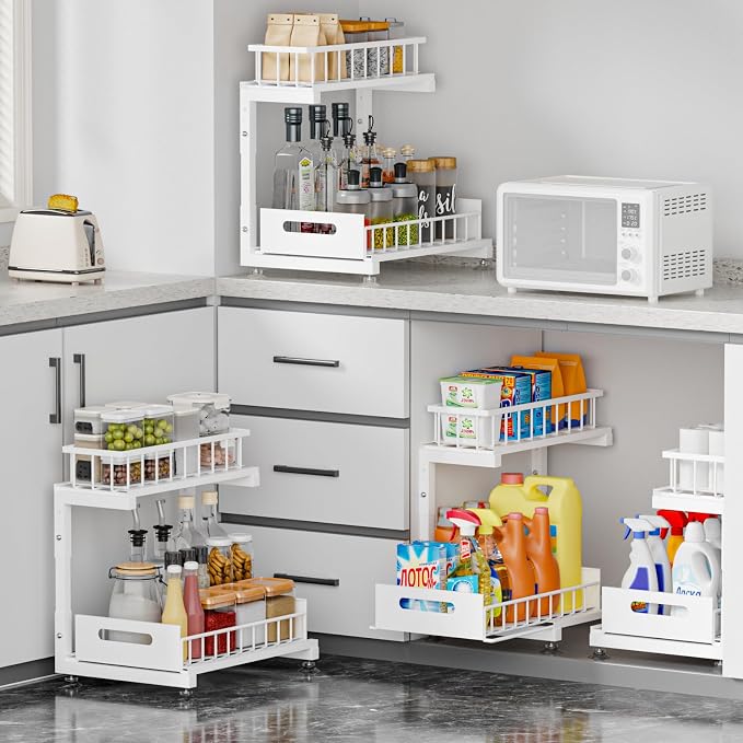 2-Pack L-Shaped Under Sink Organizer, 2-Tier Pull-out Cabinet Rack | White Height-Adjustable Metal Rack, Sliding Grid Drawers with Safety Stopper, Holds 100 Lbs, Ideal Kitchen Cabinet Storage