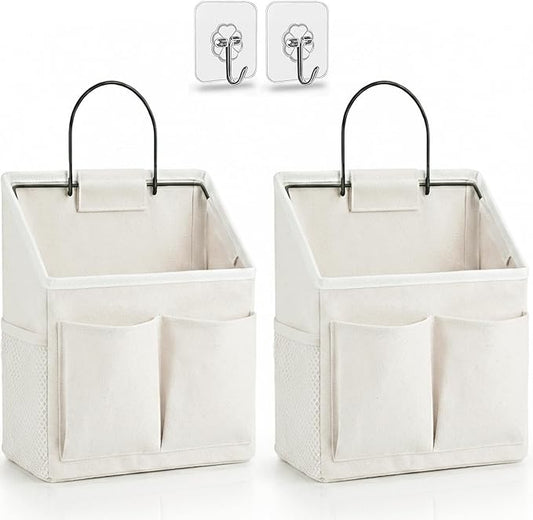 Kanrichu 2pcs Wall Hanging Organizer Bag, Linen Fabric Door Hanging Storage Basket with Pockets, Waterproof Bin for Kitchen, Bedroom, Office, RV Camper (White-Upgraded)