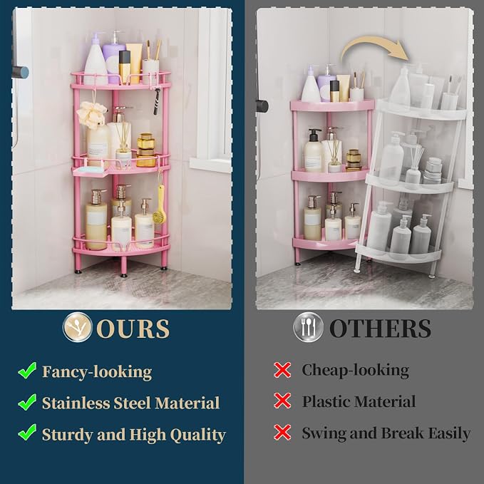 Consumest Corner Shower Caddy Stand - 3 Tier Shower Organizer with Soap Holder, Tall Floor Corner Shelf Standing with Adjustable Feet & 4 Hooks, Storage Rack for Bathroom Pink