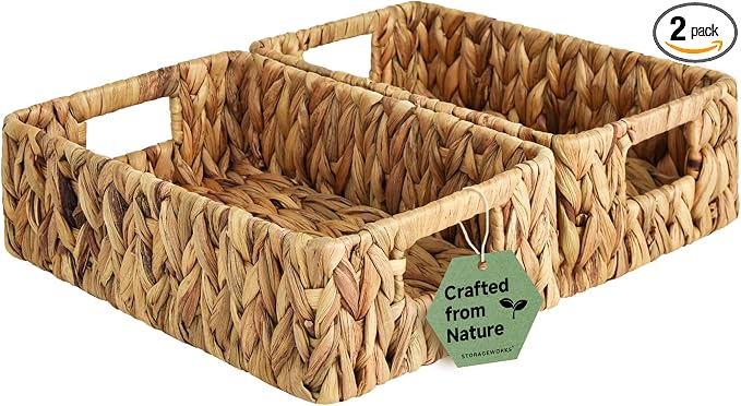 StorageWorks Water Hyacinth Baskets, Small Wicker Baskets for Organizing in Living Room and Shelf, 2-Pack