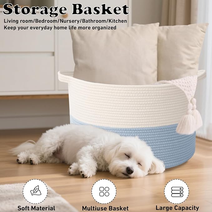 115L Extra Large Woven Blanket Basket, Laundry Hamper-White&Blue | Collapsible, reinforced handles, nursery storage bin organizes clothes, toys and pillows for living room, bedroom bathroom