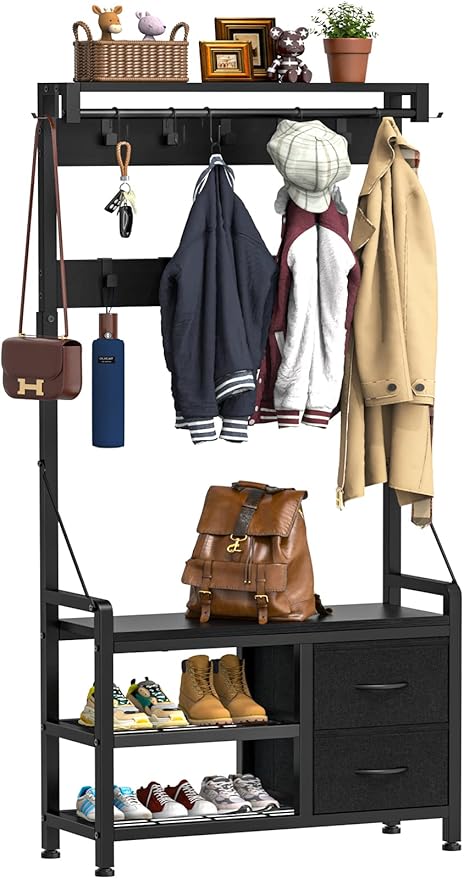 Hall Tree with Bench and Shoe Storage, 31.5” Coat Rack Freestanding | Black, 5 in 1 Intelligent Design, 17 Hooks, 2 Drawers, Handy Clothes Rail