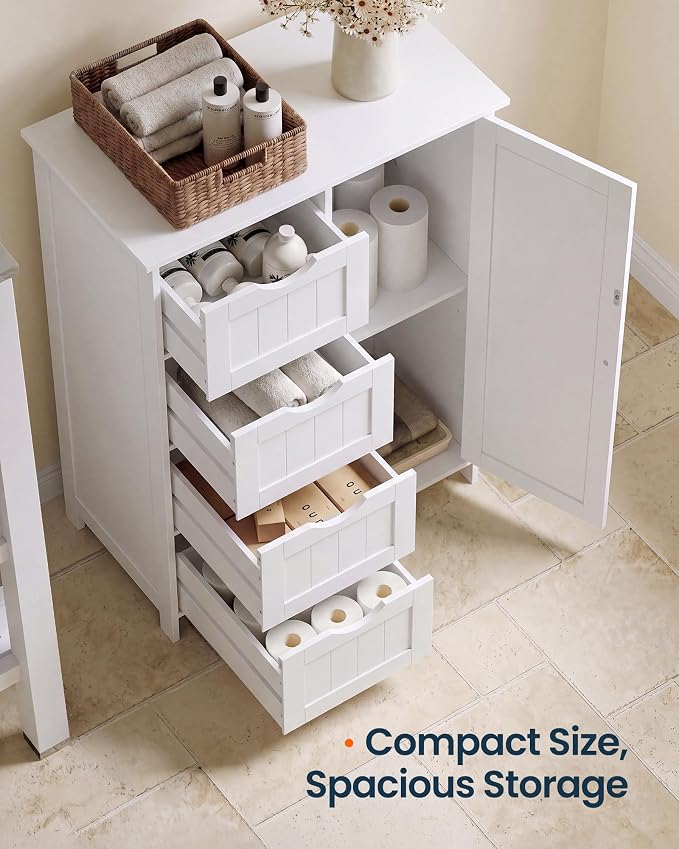 SONGMICS Home Floor Storage Cabinet, Freestanding Storage Cabinet for Bathroom, Kitchen, Living Room, 4 Drawers and Adjustable Shelf, White