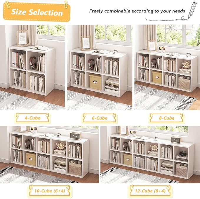 NELYE 4 Cube Organizer Bookcase White Open Shelf | Suitable for 11-inch Fabric Storage Bins, Simple Compartments Bookshelf, Holds 20 Lbs per Cube