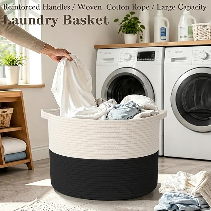 65L Large Blanket Basket,Woven Rope Laundry Basket-White&Black | Collapsible, reinforced handles, nursery storage bin organizes clothes, toys and pillows for living room, bedroom bathroom