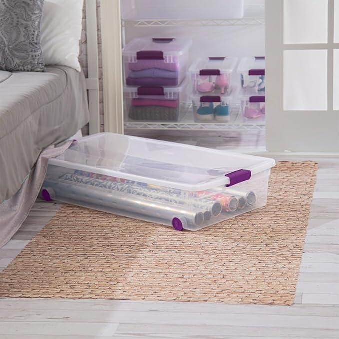 Sterilite 12-Pack ClearView Latch Box, Wheeled Underbed Organizer Bins for Home, 60 Quart | Clear Plastic Organizer Bins with Color Accent Latches and Wheels for Closet, Home Bedroom and Dorm Room