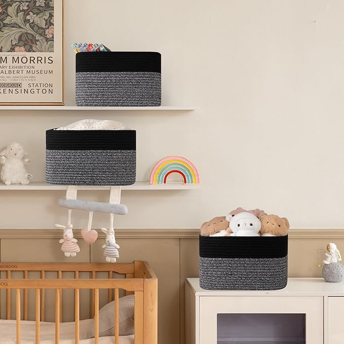 4 Pack Storage Baskets for Organizing, Woven Baskets for Shelves - Perfect for Toys, Books, Towels, and Clothes, Durable Gift Basket Bins Toy Storage, 12.7''Lx9''Wx7.8''H, Dark Grey and Black
