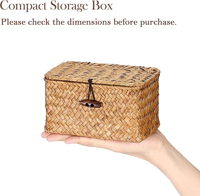 Small Decorative Box Natural Seagrass Box with Lid, 6.1"x 4"x 3.3" | Wicker Basket for Organizing Keys,Wicker Shelf Baskets for Bathroom & Living Room